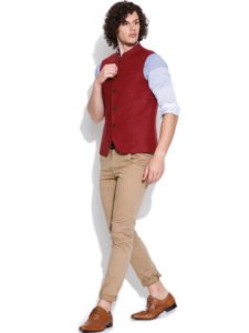 red nehru jacket with jeans