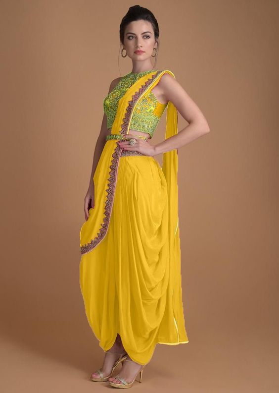 21. Dhoti Saree With Belt - Haldi Outfit Ideas