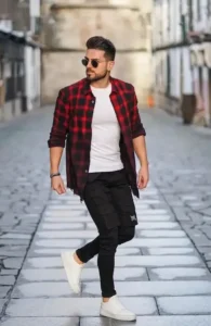 White T-Shirt and Red Shirt Combination